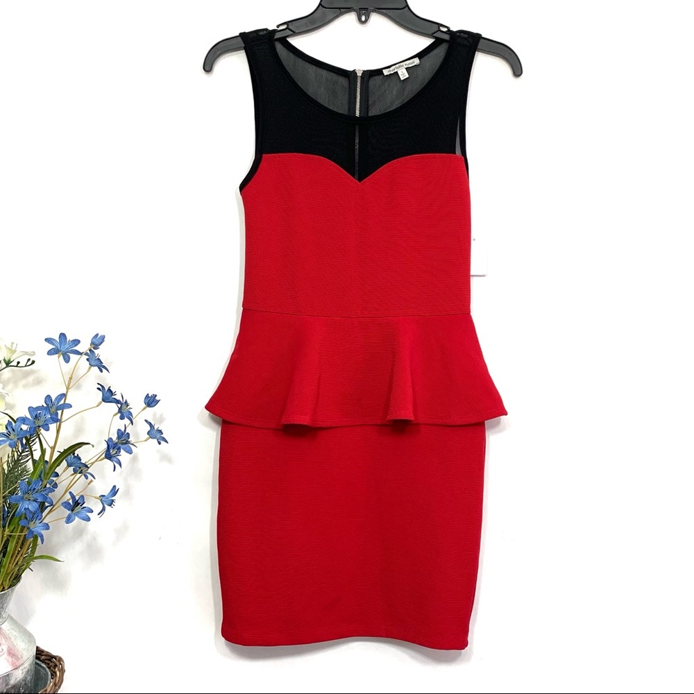 Charlotte Russe Women's Red / Black Sleeveless Mesh Detail Stretch Peplum Dress